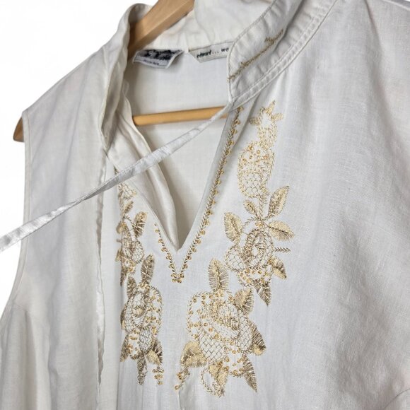 Edward Irish 100% Irish Linen Women White Metallic Gold Floral Embroidered 3X - Picture 3 of 9